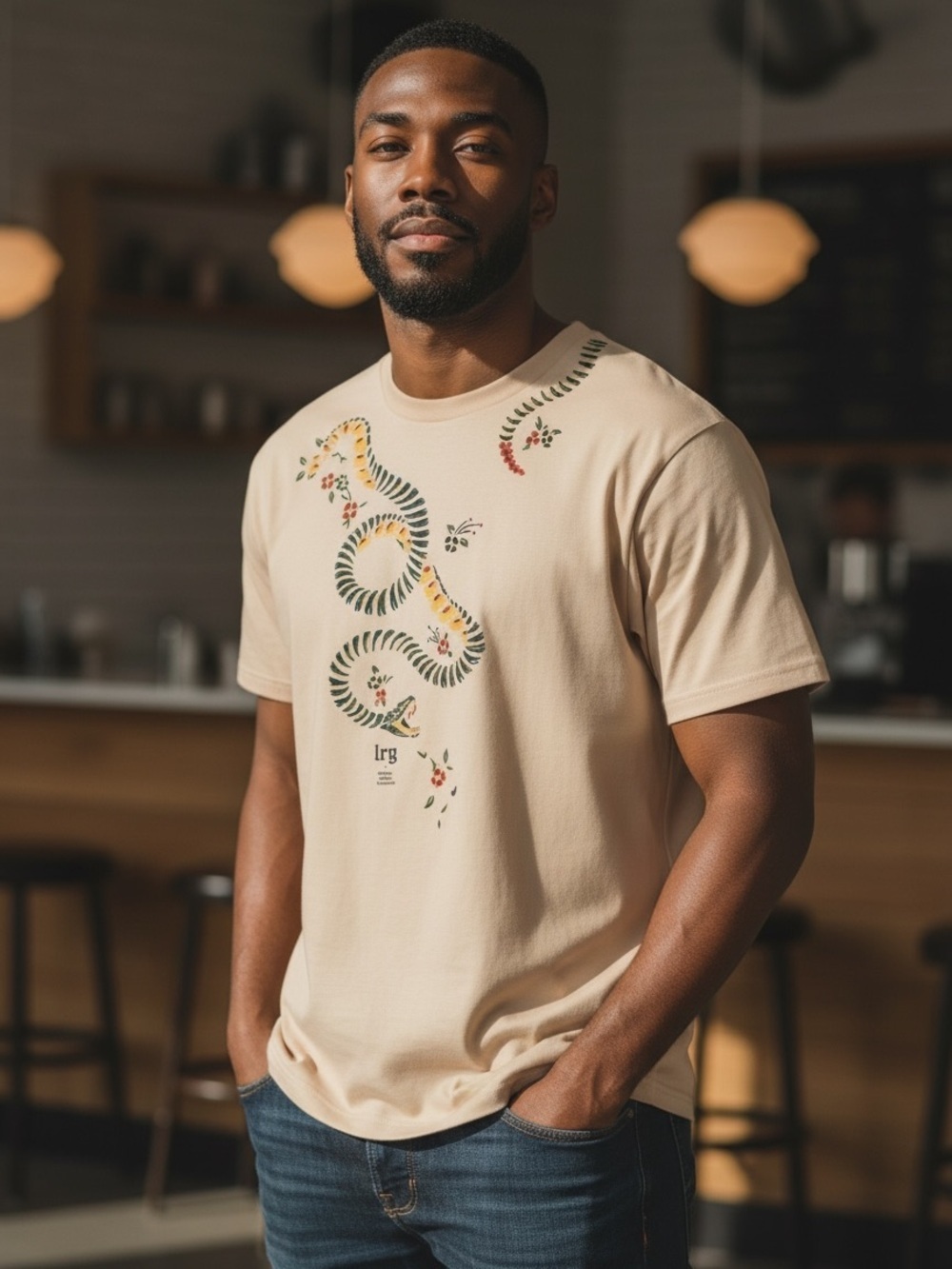 LRG Men’s Peach cream Short-Sleeve Tee with Snake Graphic